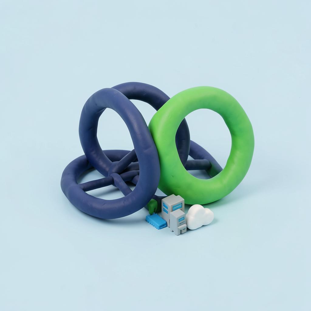 Clay-style illustration of interlocking navy and green rings over small office blocks