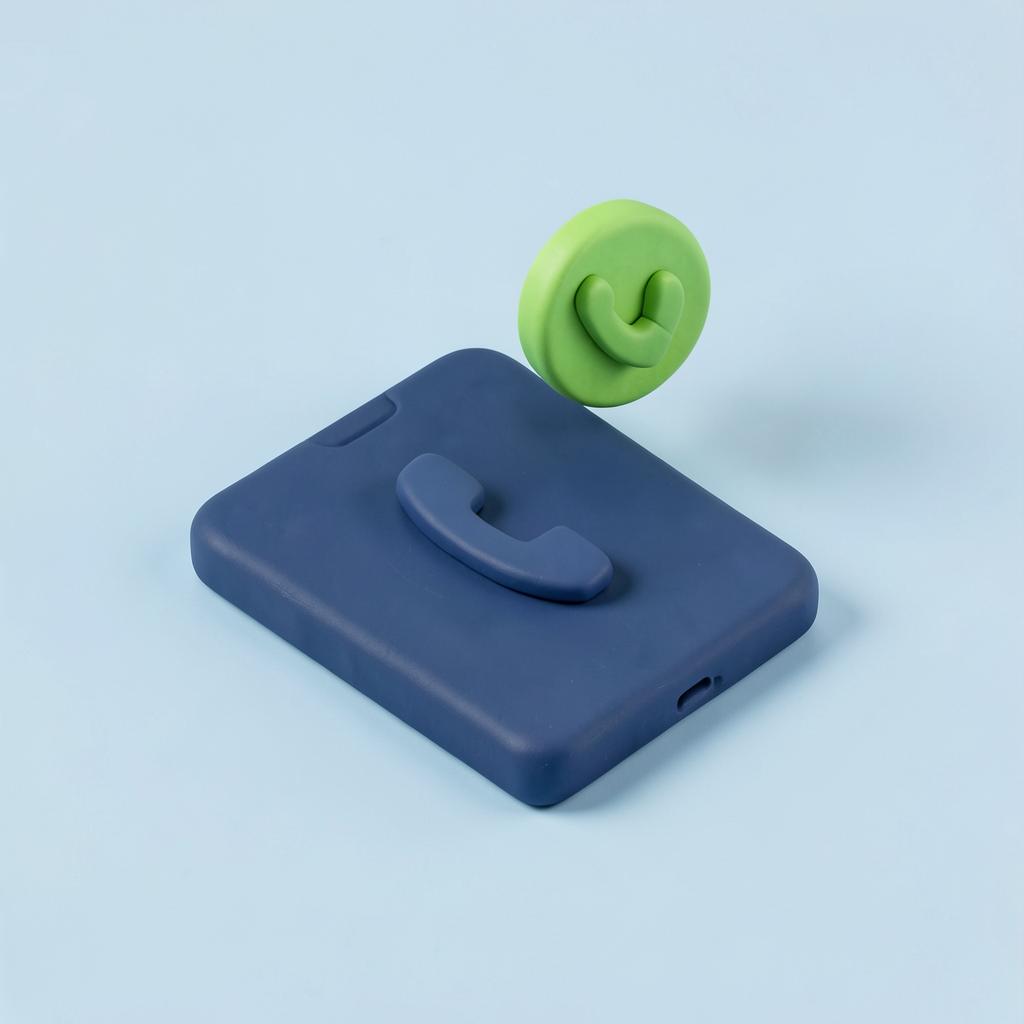 Clay-style illustration of a navy phone with a floating green verified badge