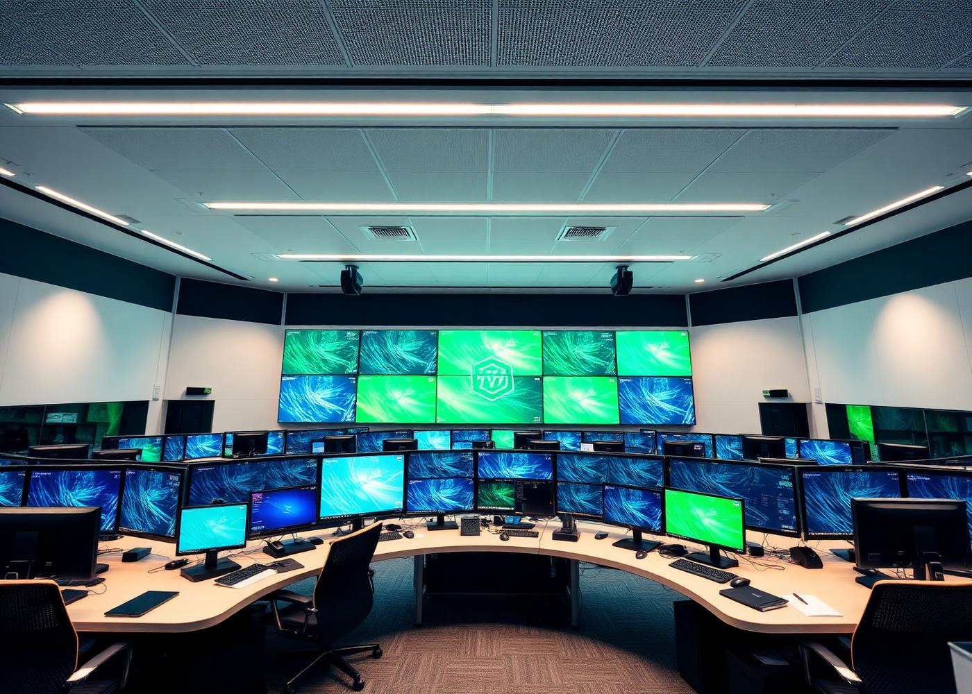 Analysts monitoring live threat dashboards inside a warmly lit security operations centre